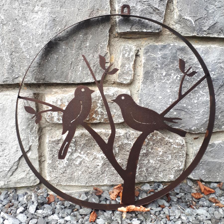 Cercle décoratif 2 oiseaux diamètre 35 cm à suspendre ou à poser en fer brun