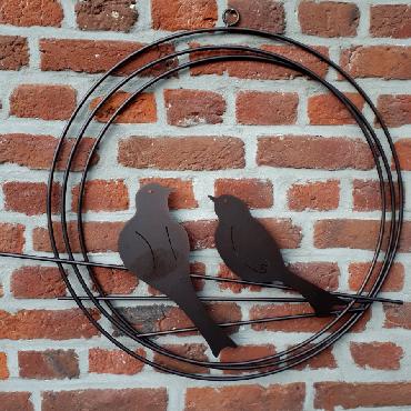 Cercle décoratif 2 oiseaux diamètre 55 cm à suspendre ou à poser en fer brun