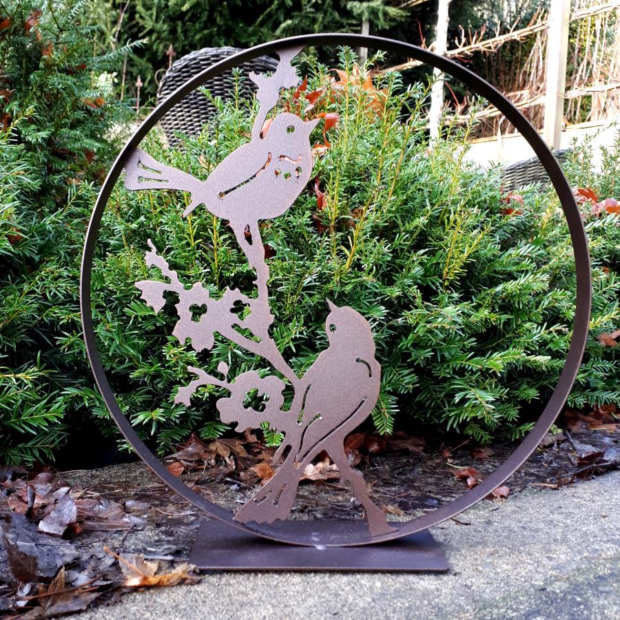 Cercle décoratif 2 oiseaux sur branche fleurie D30cm à poser en fer brun