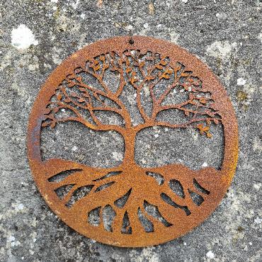 Petit cercle décoratif arbre de vie D20cm à suspendre ou à poser en fer rouillé