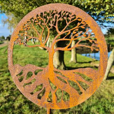 Petit cercle décoratif arbre de vie D20xH150cm à piquer en fer rouillé