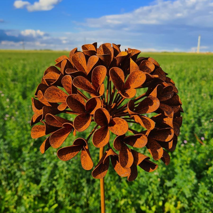 Fleur grande  hortensia macrophylla 3D D22xH130cm à piquer en fer rouillé